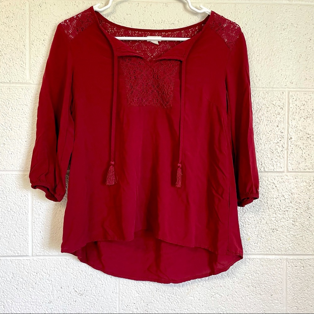 Garage Maroon Red Long Sleeve Tassel Tie Blouse💗